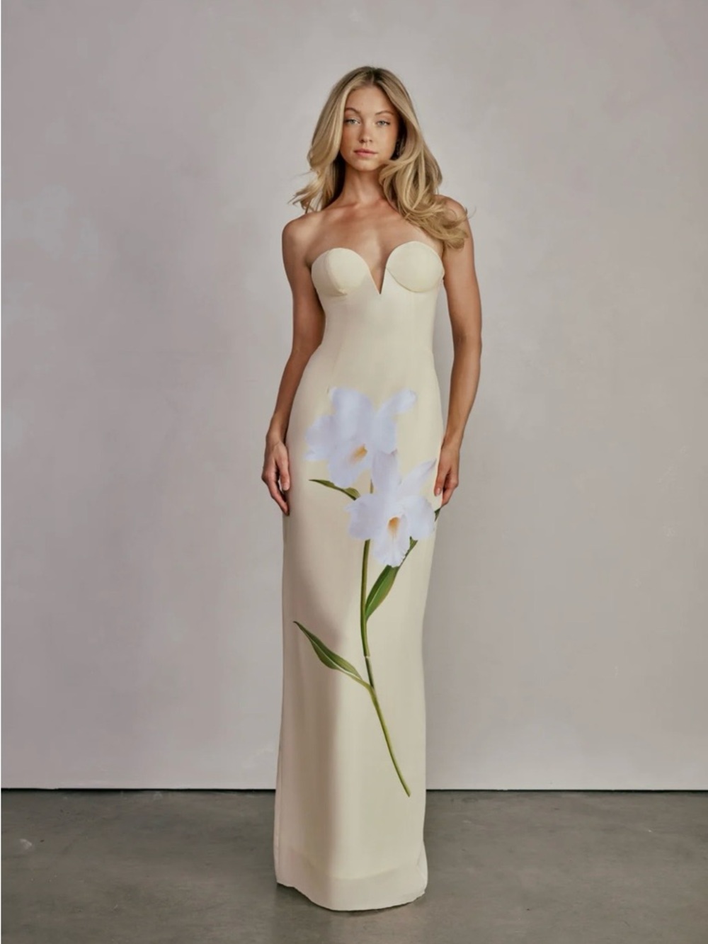 Katie May Ursula Floral Strapless Gown Butter Yellow